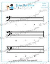 Bass clef note drawing music theory worksheet - printable PDF for students