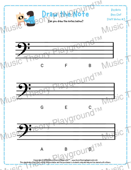 Bass clef note drawing music theory worksheet - printable PDF for students
