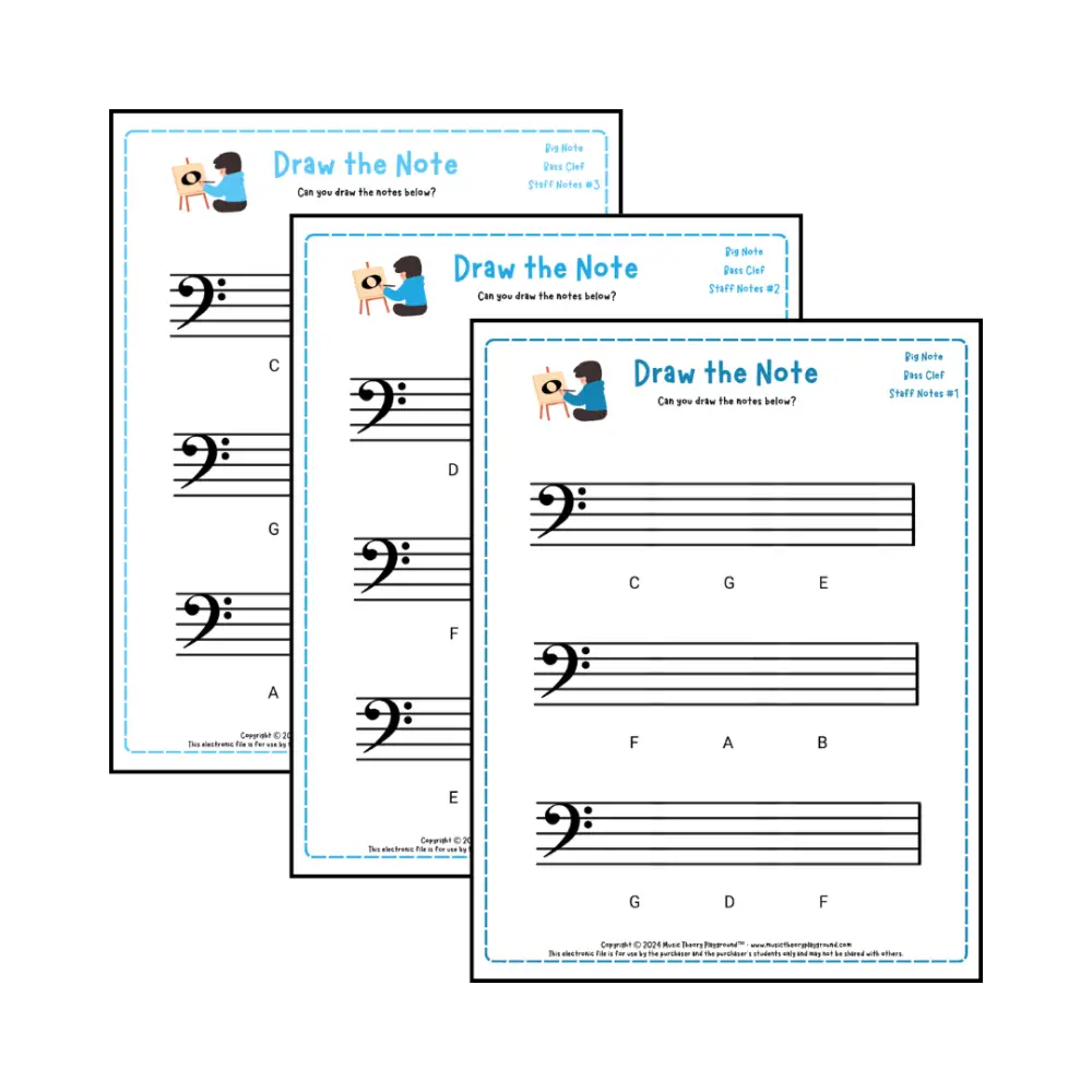 Bass clef note drawing music theory worksheets - printable PDFs for students