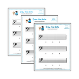 Bass clef note drawing music theory worksheets - printable PDFs for students