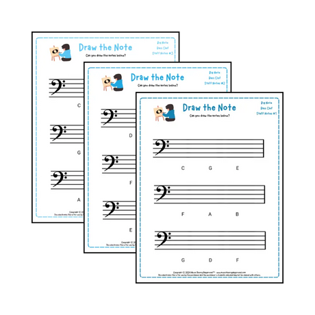 Bass clef note drawing music theory worksheets - printable PDFs for students