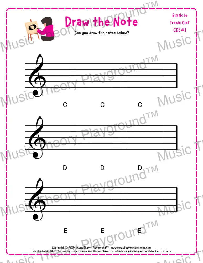 Treble clef note drawing music theory worksheet - printable PDF for students