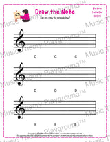 Treble clef note drawing music theory worksheet - printable PDF for students