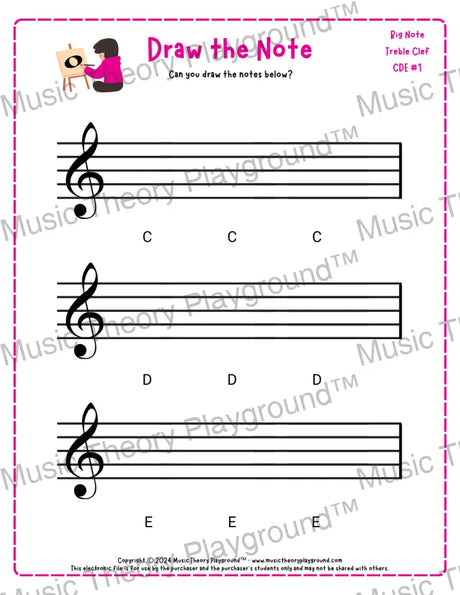 Treble clef note drawing music theory worksheet - printable PDF for students