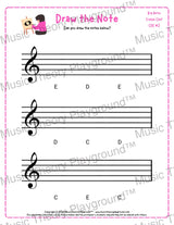 Treble clef note drawing music theory worksheet - printable PDF for students