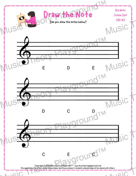 Treble clef note drawing music theory worksheet - printable PDF for students