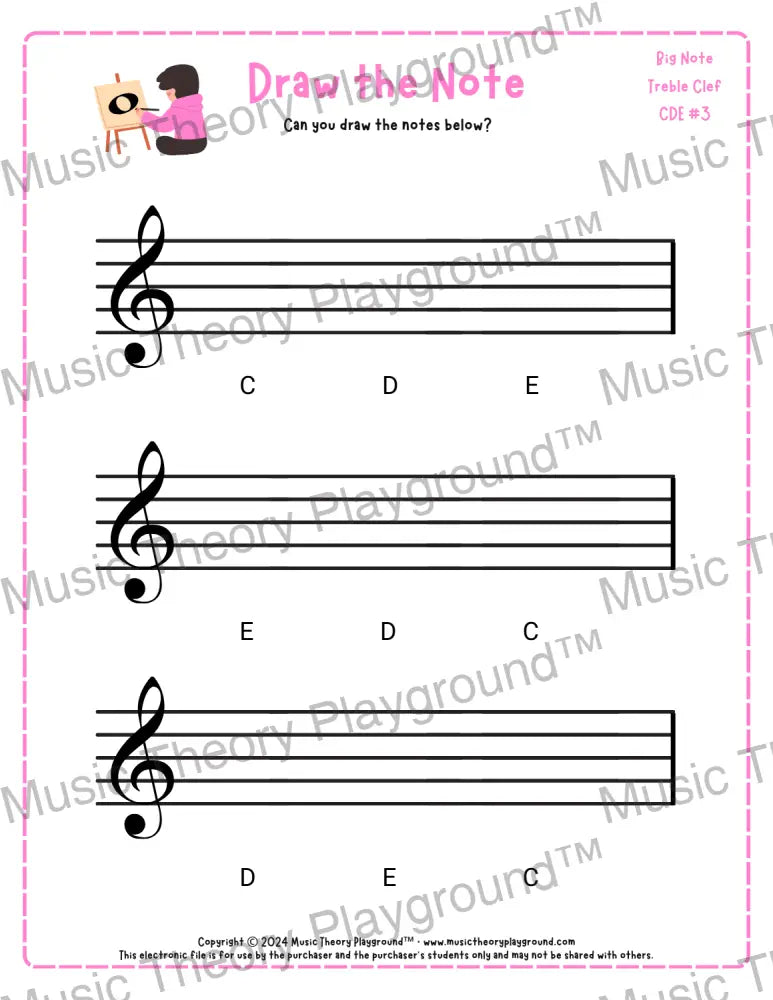 Treble clef note drawing music theory worksheet - printable PDF for students