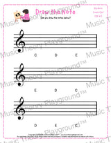 Treble clef note drawing music theory worksheet - printable PDF for students