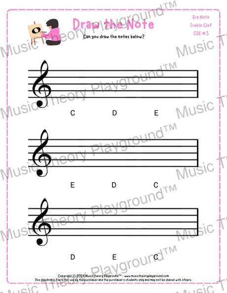 Treble clef note drawing music theory worksheet - printable PDF for students