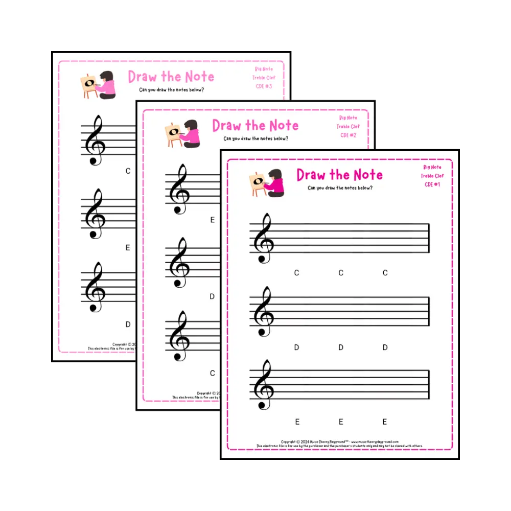 Treble clef note drawing music theory worksheets - printable PDFs for students