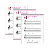 Treble clef note drawing music theory worksheets - printable PDFs for students
