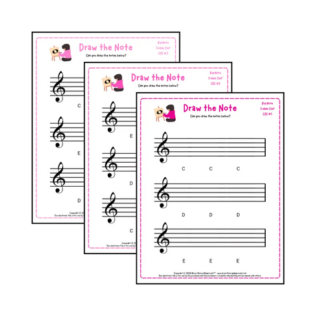 Treble clef note drawing music theory worksheets - printable PDFs for students