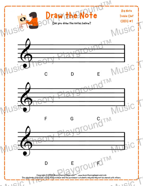 Treble clef note drawing music theory worksheet - printable PDF for students