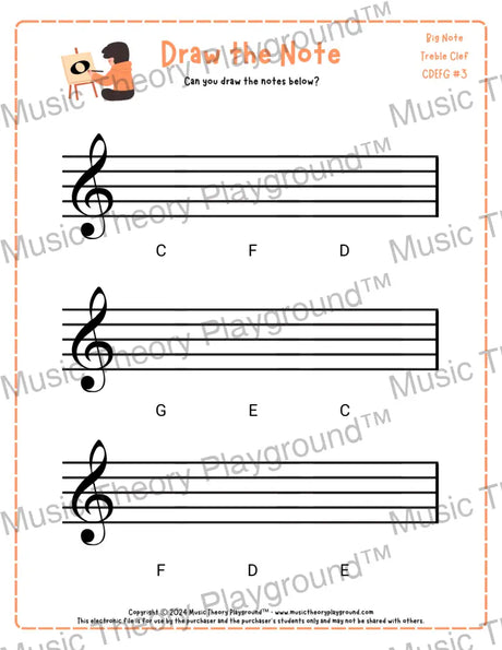Treble clef note drawing music theory worksheet - printable PDF for students