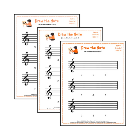 Treble clef note drawing music theory worksheets - printable PDFs for students