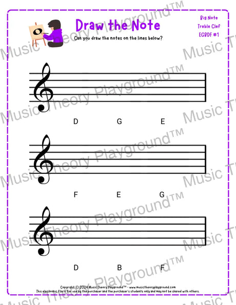 Treble clef note drawing music theory worksheet - printable PDF for students