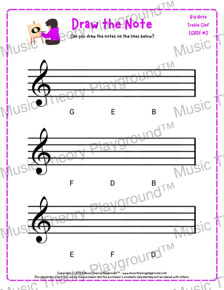 Treble clef note drawing music theory worksheet - printable PDF for students