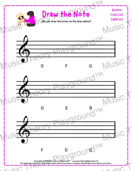 Treble clef note drawing music theory worksheet - printable PDF for students