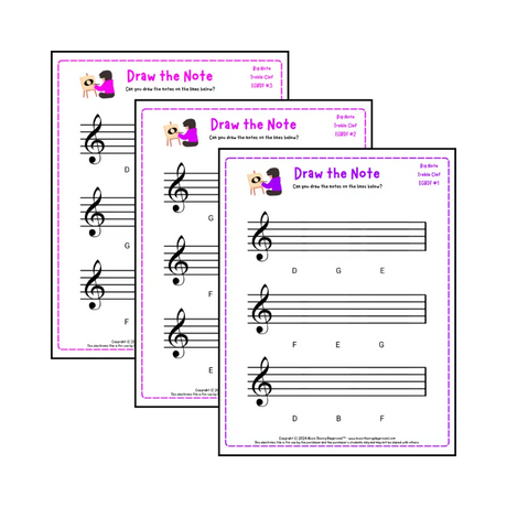 Treble clef note drawing music theory worksheets - printable PDFs for students