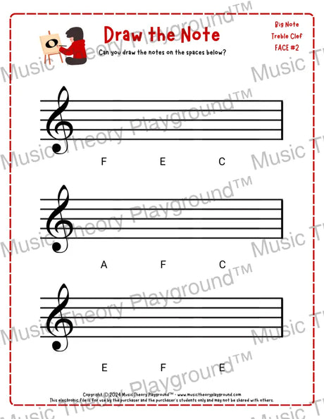 Treble clef note drawing music theory worksheet - printable PDF for students