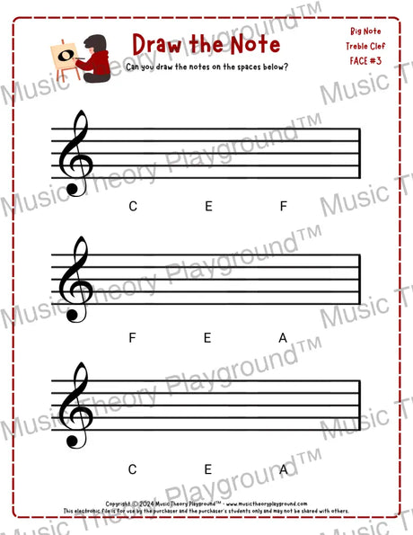 Treble clef note drawing music theory worksheet - printable PDF for students