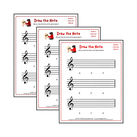 Treble clef note drawing music theory worksheets - printable PDFs for students