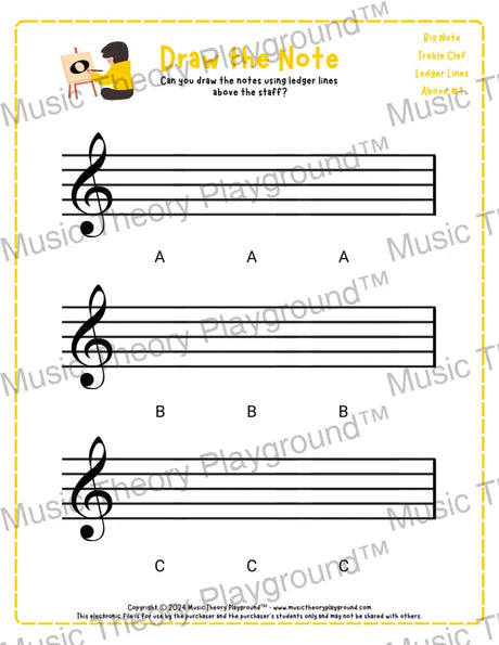 Treble clef note drawing music theory worksheet - printable PDF for students