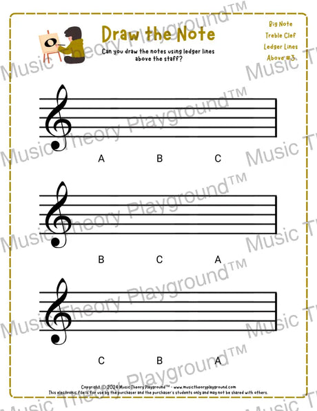 Treble clef note drawing music theory worksheet - printable PDF for students