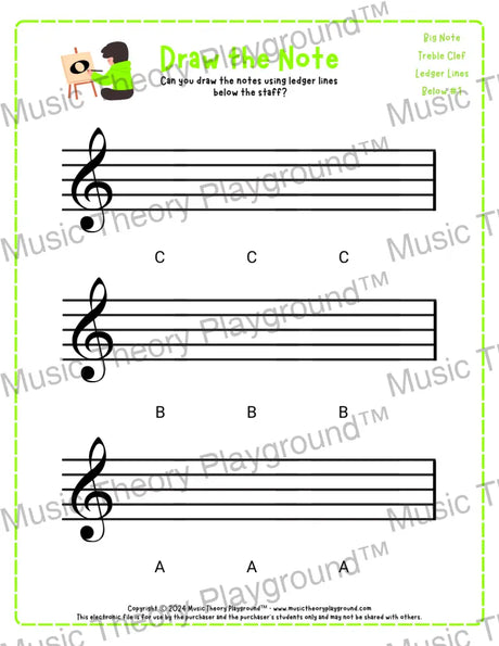 Treble clef note drawing music theory worksheet - printable PDF for students