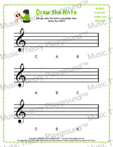 Treble clef note drawing music theory worksheet - printable PDF for students