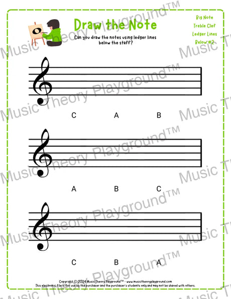 Treble clef note drawing music theory worksheet - printable PDF for students