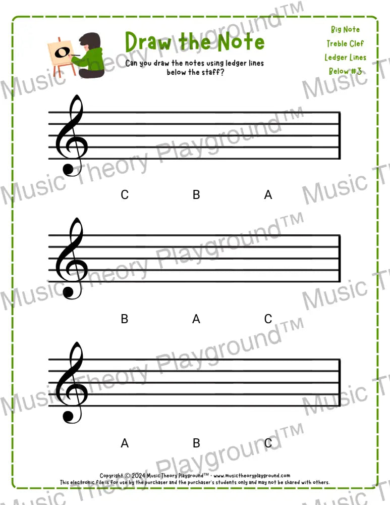 Treble clef note drawing music theory worksheet - printable PDF for students