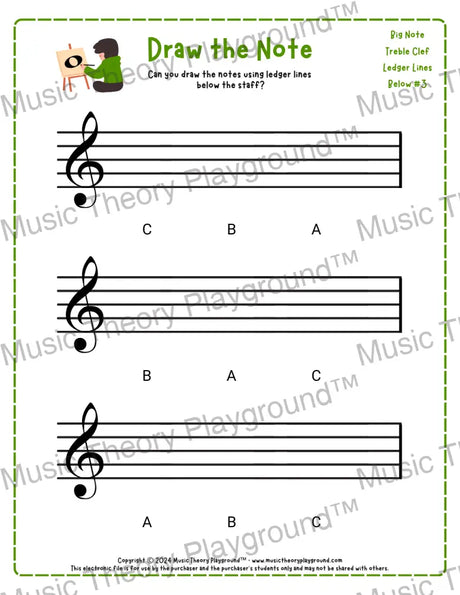 Treble clef note drawing music theory worksheet - printable PDF for students