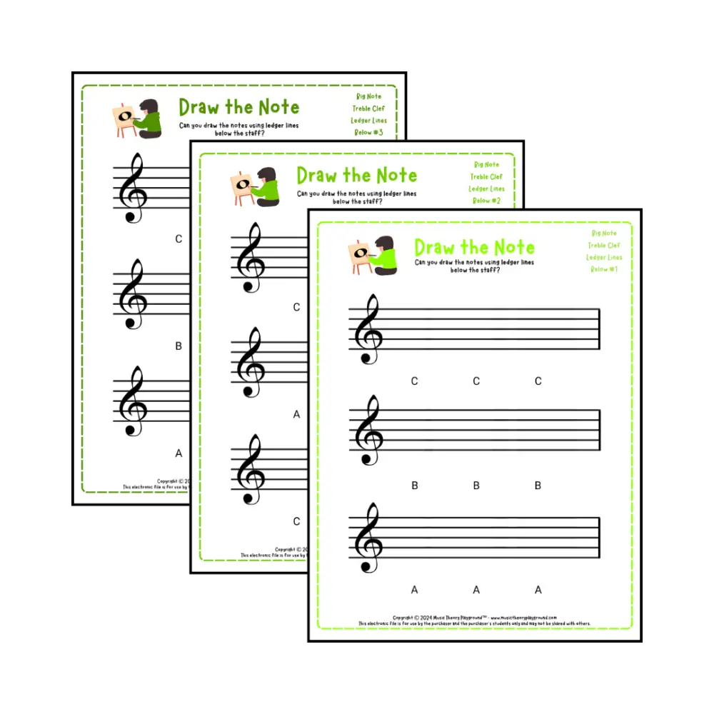 Treble clef note drawing music theory worksheets - printable PDFs for students