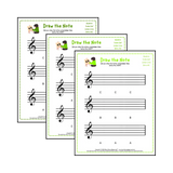 Treble clef note drawing music theory worksheets - printable PDFs for students