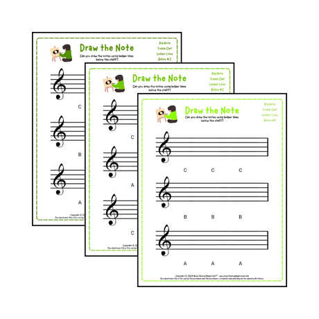 Treble clef note drawing music theory worksheets - printable PDFs for students