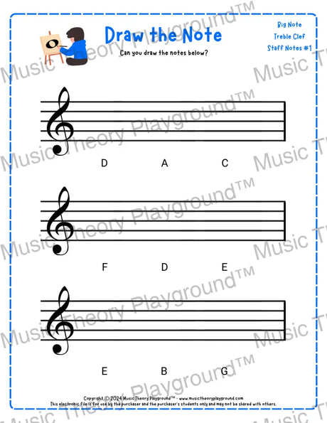 Treble clef note drawing music theory worksheet - printable PDF for students
