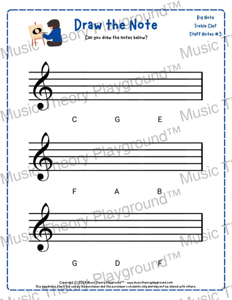Treble clef note drawing music theory worksheet - printable PDF for students