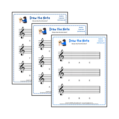 Treble clef note drawing music theory worksheets - printable PDFs for students