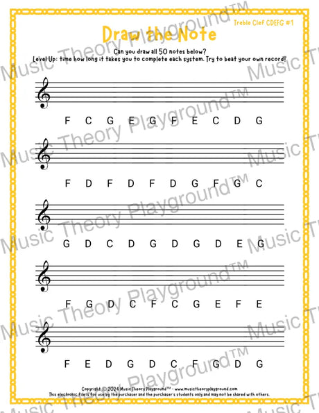 Draw the Note: Treble Clef CDEFG 1 / Worksheet + Answer Key Student Worksheet