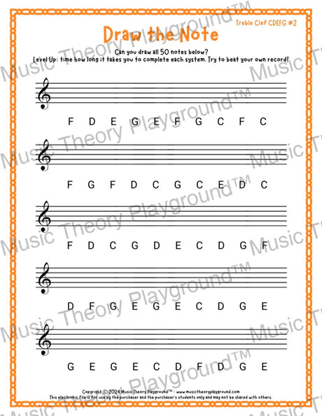 Draw the Note: Treble Clef CDEFG 2 / Worksheet + Answer Key Student Worksheet
