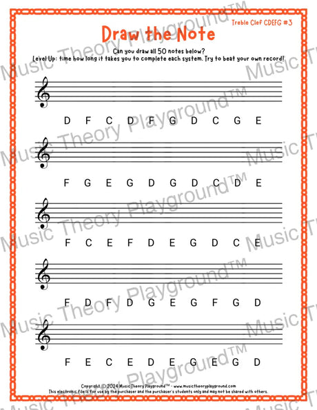Draw the Note: Treble Clef CDEFG 3 / Worksheet + Answer Key Student Worksheet