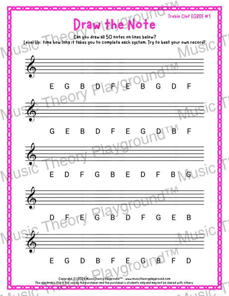 Draw the Note: Treble Clef EGBDF 1 / Worksheet + Answer Key Student Worksheet