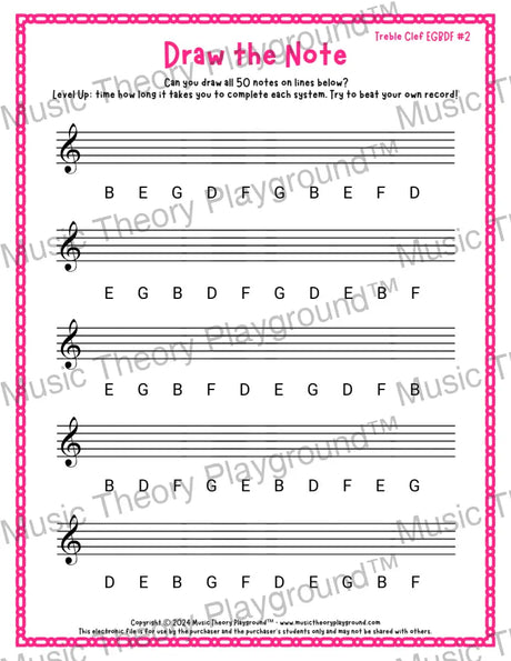 Draw the Note: Treble Clef EGBDF 2 / Worksheet + Answer Key Student Worksheet
