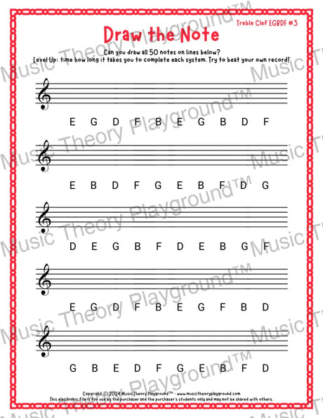 Draw the Note: Treble Clef EGBDF 3 / Worksheet + Answer Key Student Worksheet