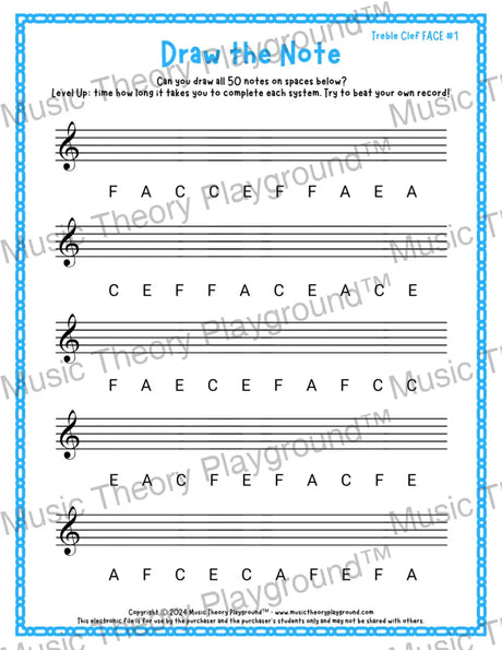 Draw the Note: Treble Clef FACE 1 / Worksheet + Answer Key Student Worksheet