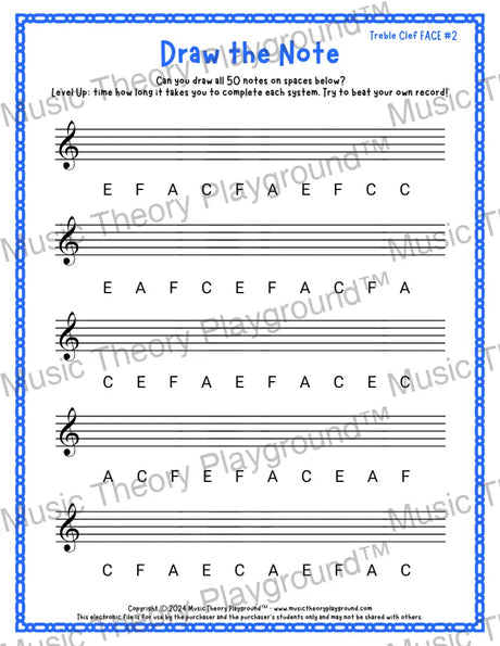 Draw the Note: Treble Clef FACE 2 / Worksheet + Answer Key Student Worksheet