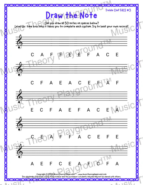 Draw the Note: Treble Clef FACE 3 / Worksheet + Answer Key Student Worksheet
