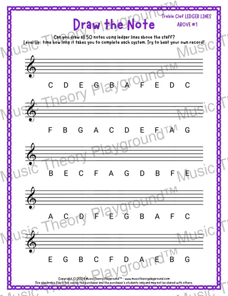 Draw the Note: Treble Clef Ledger Lines Above 1 / Worksheet + Answer Key Student Worksheet