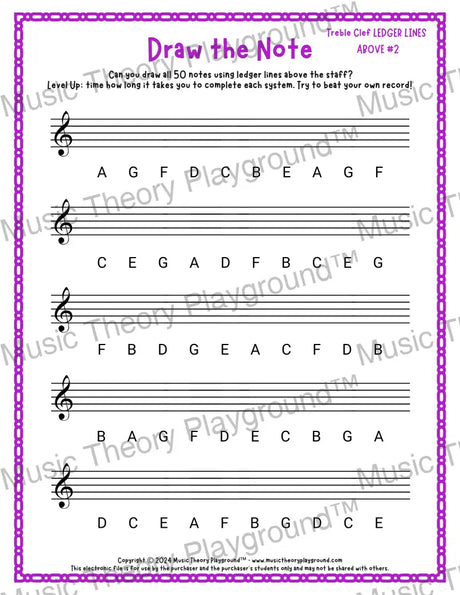 Draw the Note: Treble Clef Ledger Lines Above 2 / Worksheet + Answer Key Student Worksheet